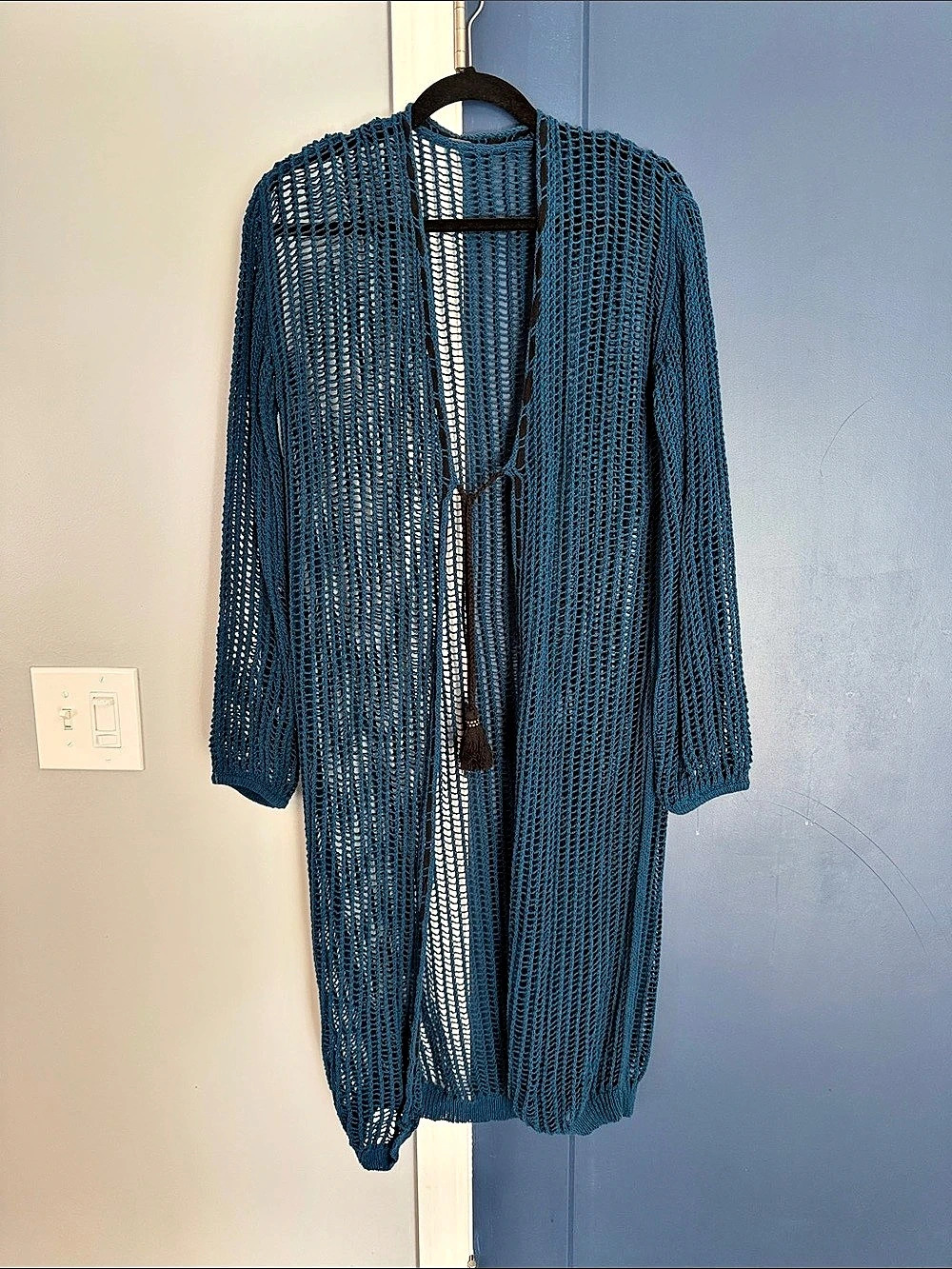 Free People Lattice Longline Cardigan Blue
